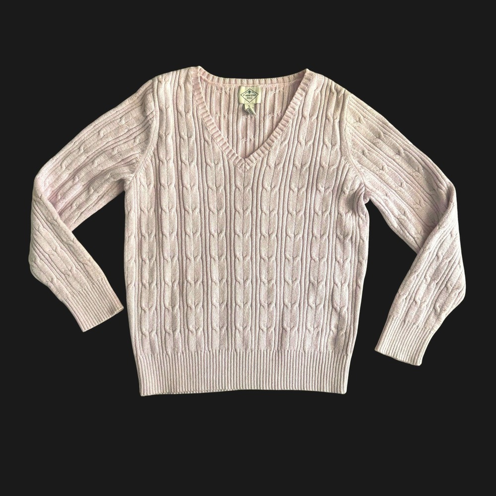 St Johns Bay Womens Pink Cable Knit V-Neck Sweater Metallic Shimmer Petite Large